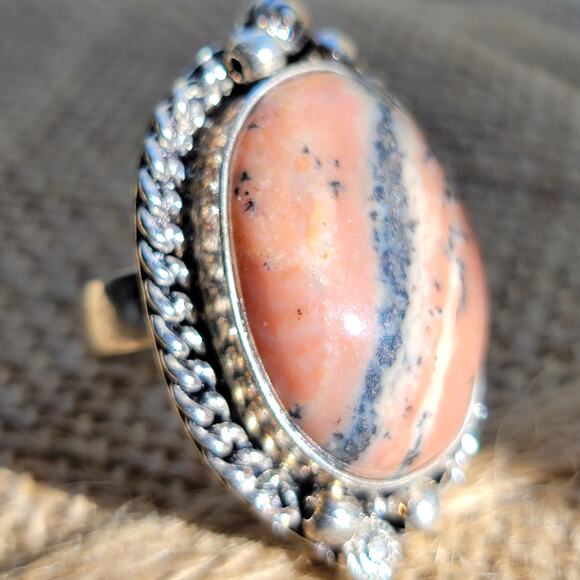 Handcrafted Sterling Silver Rhodochrosite Ring, Size 8.5 Natural Stone Jewelry - Picture 2 of 11